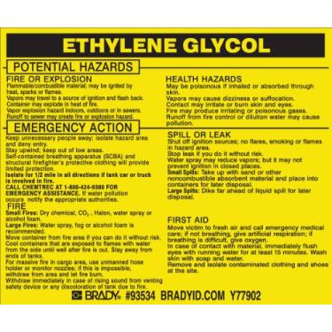 Imagem de Brady 93534, Etiqueta do material perigoso: Ponto 5800.4-1987, 9,5 cm de altura x 11,5 cm de largura, preto em amarelo, legenda "Etilenoglicol" (25 por embalagem)