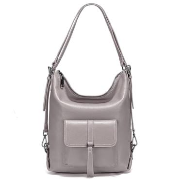 Imagem de zency Bolsa de ombro feminina conversível de couro legítimo, mochila para o trabalho, viagem, Cinza