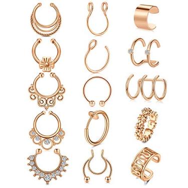 Imagem de MODRSA Brincos de argola de nariz de septo falso de aço inoxidável, orelha falsa, punho de orelha, argolas de nariz de mola, anel de septo facial, não perfurante, argolas de nariz, argolas prateadas, ouro rosa, preto