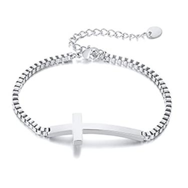 Imagem de Rockyu Pulseira feminina prata cruz ajustável corrente veneziana pingente amuleto titânio hipoalergênico elegante acessório para presente de aniversário, Aço inoxidável