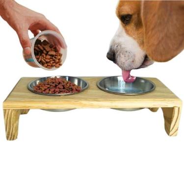 Imagem de Comedouro Madeira Elevado 2 Potes Inox Para Cachorro e Gato Caes Pets 