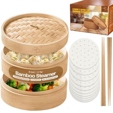 Imagem de Cesta para vaporizador de bambu de 20 cm com tampa | 3 peças de vaporizador de bolinho de massa | 2x pauzinhos | 50 forros perfurados | Cestas de bambu fáceis de limpar para cozinhar arroz e vegetais