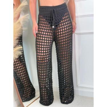 Imagem de Calça Saída de Praia Elegante Ponto Croche Pantalona Furadinha Rendada