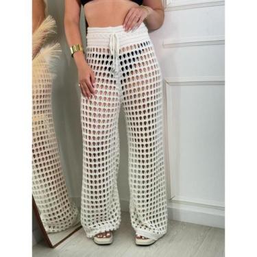 Imagem de Calça Saída de Praia Elegante Ponto Croche Pantalona Furadinha Rendada