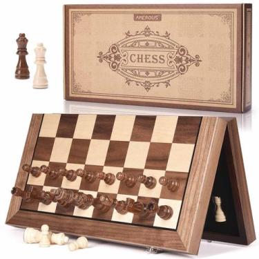 Imagem de Conjunto de xadrez AMEROUS Magnetic Wooden 38cm com 2 rainhas extras