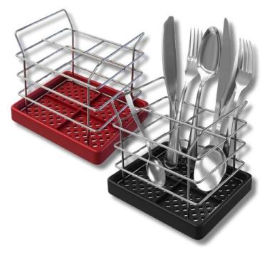Imagem de Porta Talheres Escorredor Aramado Em Aço Cromado Plástico Retangular S