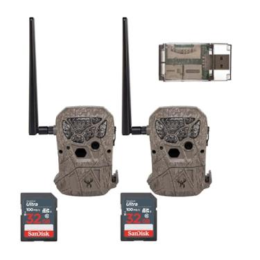 Imagem de Wildgame Innovations Câmera de trilha celular Encounter de 20 MP com configuração de código QR (marrom, 2 unidades) Pacote com cartão de memória Ultra SDHC UHS-I de 32 GB (pacote com 2) e leitor de