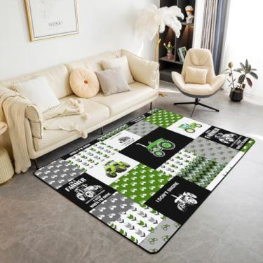 Imagem de jejeloiu Tapete de área de trator de desenho animado 4x5 meninos equipamentos agrícolas caminhões decoração de casa construção carro colheitadeira trator verde xadrez tapete acento