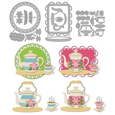 Imagem de MAYJOYDIY Conjunto de xícaras de bule de chá, moldes de corte de metal, porta-copos de flores, fundo de renda, estampado, estêncil, papel decorativo em relevo para fazer cartões, álbum de recortes