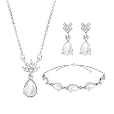 Imagem de Conjunto de joias de dama de honra delicado de gota para mulheres e meninas, conjunto de 1-4-6-8 conjuntos de 18 quilates e ouro rosa e prata cravejado com strass com colar de cristal conjunto de pulseiras presente para casamento/noivado/aniversário, Zinco Metal Vidro, Sem pedras preciosas