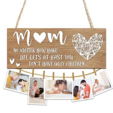 Imagem de EXW Porta-fotos de madeira para mãe decoração com 8 clipes - quadro de exibição para pendurar fotos em casa para mãe - pelo menos você não tem filhos feios - Presentes de lembrança de aniversário para