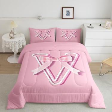 Imagem de jejeloiu Conjunto de cama com laço sonhador, tamanho Queen, presente para meninas adolescentes, letra V, ultramacio, monograma, moderno, conjunto de edredom para decoração de quarto