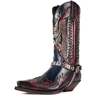 Imagem de Botas Masculinas De Cowboy Ocidentais, Botas Casuais Grandes Da Moda, Botas Bordadas De Salto Quadrado Longo, Botas Masculinas Casuais Com Zíper E Fivela Para Motocicleta,Vermelho,44 UE,Collector8
