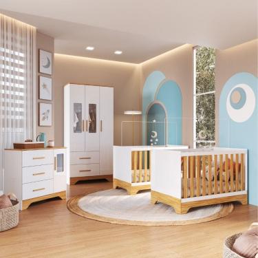Imagem de Quarto de Bebê com 2 Berço Mini Cama Guarda Roupa 3 Porta 2 Gavetas e Cômoda 1 Portas 3 Gavetas com Janela Popy Retrô Peroba