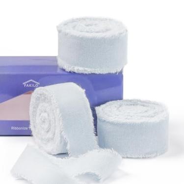 Imagem de FAKILO Fita de algodão rústico natural com borda desgastada, fita 100% algodão azul claro 2,5 cm x 18 m para buquês de casamento vintage, convites, chá de bebê, embrulho de presente, artesanato DIY