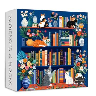 Imagem de Cat Book Puzzles for Adults 1000 Pieces, PICKFORU Wildflower Pages Jigsaw Puzzle Bookshelf Library, Impossible Hard Floral Vase Theme for Book Lover