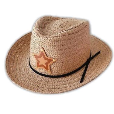 Imagem de Chapéu de cowboy ocidental infantil: design dos EUA, palha durável e poliéster, diversão de vestir e brincar, detalhes de couro sintético, bege/rosa