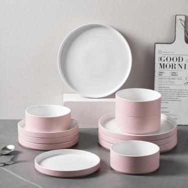 Imagem de Conjunto de louça de porcelana para 4, conjunto de pratos e tigelas de 12 peças para 4, utensílios de jantar de grés moderno, resistente a arranhões, pode ir ao micro-ondas e à lava-louças (rosa)