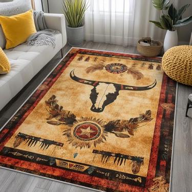 Imagem de Tapete Western Area Rug Southwestern Cow lavável, 15 x 23 cm, tapetes tribais navajo para sala de estar, quarto, cowboy, rústico, antiderrapante, macio, tapete grande para escritório, entrada
