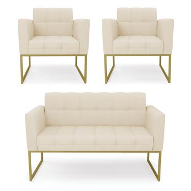 Imagem de Kit 1 Sofá Namoradeira E 2 Poltronas Elisa Linho Base Metálica Industrial Dourada Cor A19 Bege