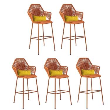 Imagem de Kit 05 Banqueta Alta Com Encosto Sttar Balcão Ferro Bronze Fibra Terracota Almofada Suede Amarelo