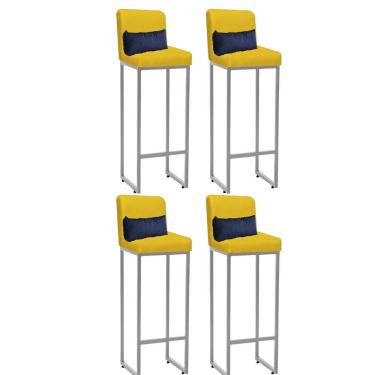 Imagem de Kit 04 Banqueta Alta Industrial Ferro Cinza Suede Amarelo E Almofada Azul Marinho