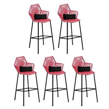 Imagem de Kit 05 Banqueta Alta Sttar Ferro Preto Fibra Coral Almofada Corino Preto