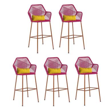Imagem de Kit 05 Banqueta Alta Com Encosto Sttar Balcão Ferro Bronze Fibra Pink Almofada Corino Amarelo