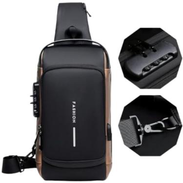 Imagem de Bolsa Masculina Pochete de Couro Antifurto, Impermeável, com USB, Transversal, Couro, Anti-Roubo, Esportiva, Academia (Preto com Dourado)