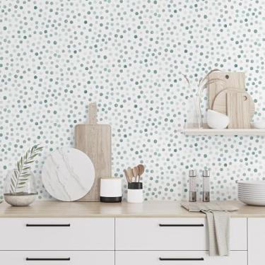 Imagem de Dimoon Papel de parede moderno para contato com bolinhas azul verde natural branco boho papel de parede removível autoadesivo para locatário, banheiro, quarto, rolo de vinil