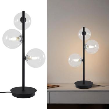 Imagem de Fulesi Luminária De Mesa Preta 3 Lâmpadas, Estilo Meados Do Século, Cabeceira Com Cúpula Vidro Transparente, Globo, Contemporânea, Para Quarto, Sala Estar, Estudo…
