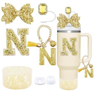 Imagem de Conjunto de acessórios de copo dourado de 7 peças para Stanley Cup 850 g/1,134 g, inclui tampa de canudo de joias, tampa à prova de derramamento, decorações de iniciais, pingente de alça, bota de