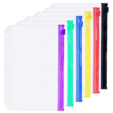 Imagem de 6 pacotes A5 6 furos para fichário de plástico com zíper, pastas com zíper, 6 furos, zíper, folhas soltas com zíper, envelope com zíper para documentos, cadernos e cartões (6 bolsos coloridos com zíper, A5)