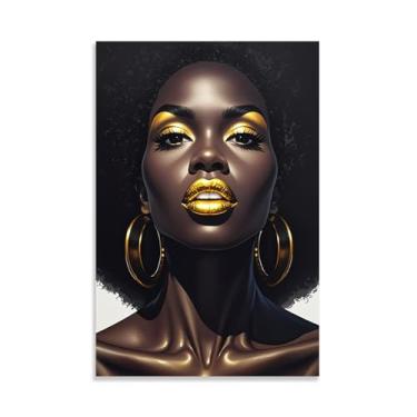 Imagem de Arte de parede em tela de mulher afro-americana, pintura de retrato de lábios emoldurados, imagens de mulher negra, emoldurada, para decoração de parede, pôster de 90 x 60 cm (36 x 24 pol.)