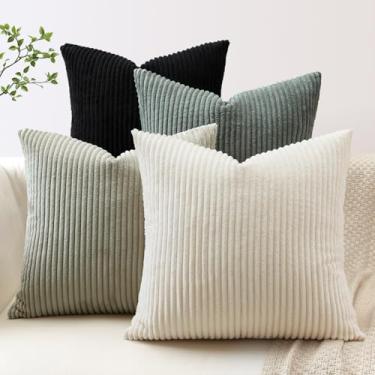 Imagem de OTOSTAR Pacote com 4 capas de almofada decorativas 61 x 61 cm de veludo cotelê macio decorativas modernas capas de almofada sofá de fazenda boho fronhas decoração de sofá de casa (preto cinza)