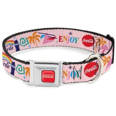 Imagem de Coleira para animais de estimação The Coca-Cola Company, coleira de cachorro, fivela de cinto de segurança de metal, Coca Cola Desfrute de ícones vibrantes, colagem rosa multicolorida, 38 a 61 cm de