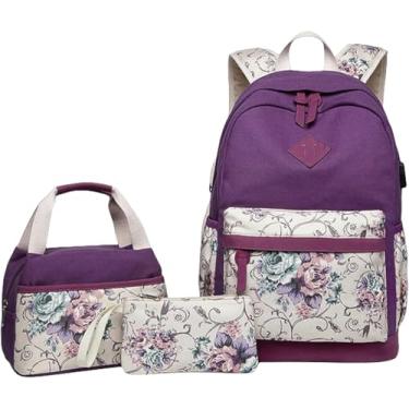 Imagem de Mochila Elegante Meninas Lona Saco Escolar Set - Mochila Escolar Floral, Mochila Laptop E Mochila De Viagem, Purple, A