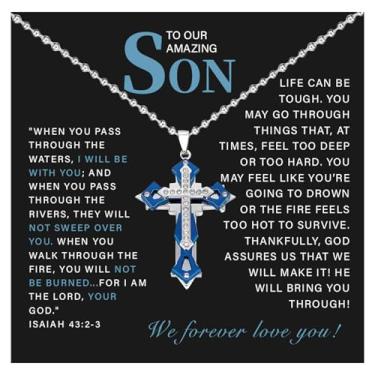 Imagem de 72ore Colar To My Son From Dad Colar de cruz de prata para homens, pingente de cruz hip hop, joia azul, presentes de aniversário inspiradores para filho da mãe, Sem Pedra Preciosa