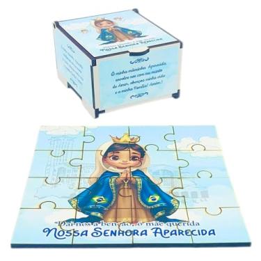Imagem de Kit Religioso Infantil com Caixinha de MDF e Quebra-Cabeça 16 Peças Lembrancinha Cristã para Batizado, Crisma, Primeira Comunhão e Catequese Mimo Luxo Nacional (Nossa Senhora Aparecida)