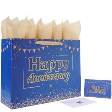 Imagem de Conjunto de sacolas de presente azul extra grande de 42 cm com alças, cartão comemorativo, papel de seda e adesivos para homens, marido, festa de aniversário, festa de casamento, 1 peça