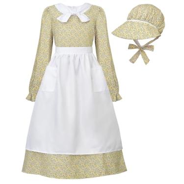 Imagem de JerrisApparel Vestido de pioneira colonial para meninas, fantasia floral de vila, roupa de peregrina com avental de gorro (amarelo, 8 a 9 anos/M)