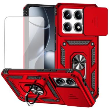 Imagem de Yodueiv Capa para Xiaomi 14T Pro com protetor de tela de vidro temperado e capa de câmera deslizante, anel magnético suporte para carro capa protetora para Xiaomi 14T Pro 5G vermelho