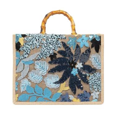 Imagem de Abvokury Bolsa de mão floral bordada com alça de bambu para festa de casamento, Azul-escuro