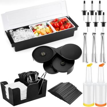 Imagem de Mifoci Bandeja de enfeite com tampa de barra, suporte de 3 camadas, 12 garrafas de aço inoxidável, 2 garrafas de plástico para servir suco, 1000 canudos de coquetel, 3 pinças de servir (3