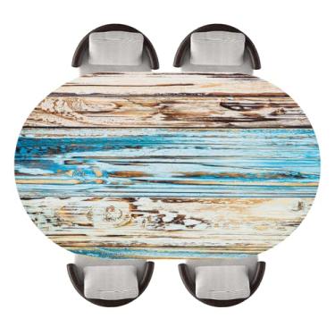 Imagem de CUESREM Toalha de mesa oval ajustada com borda elástica rústica envelhecida textura de fundo à prova d'água limpa para uso em pátio interno e externo, serve para mesas ovais de 107 x 152 cm, estilo 74