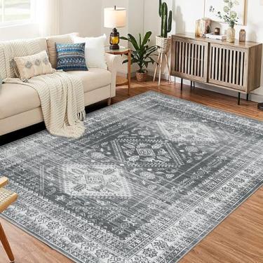 Imagem de Garvee Tapete vintage Boho 2,5 x 3,5 m para sala de estar, colchão abstrato lavável, tapetes macios antiderrapantes com forro de borracha, tapete de cozinha para sala de jantar/escritório/decoração de