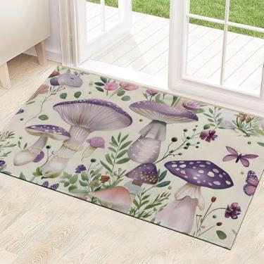 Imagem de ainori Tapete de porta interior floresta de cogumelos 75 x 43 cm, suporte antiderrapante, roxo, flores silvestres e borboletas, tapete não tecido, decoração de tapetes de boas-vindas à natureza, para