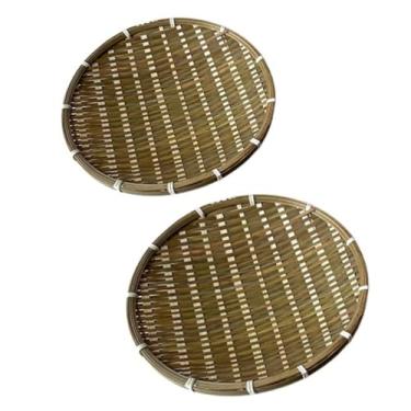 Imagem de 2 bandejas de cesta de bambu, cestas de pão redondas trançadas à mão, cesta de frutas empilhável para cozinha, jantar diário, organização de jardim, 21 cm e 26 cm
