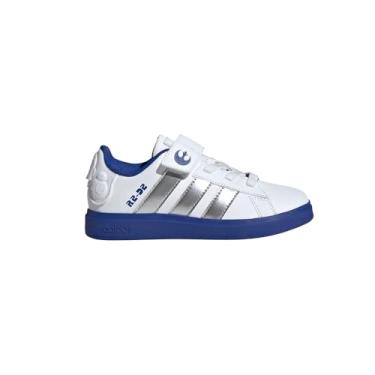 Imagem de adidas Tênis esportivo unissex infantil Star Wars Droids Grand Court 2.0 de renda elástica (criança pequena), Branco/Prata Metálico/Team Royal Blue, 1 Big Kid