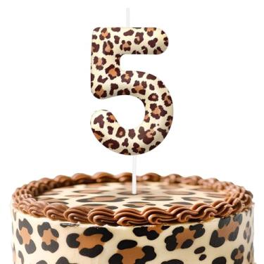 Imagem de Velas de aniversário número 5 com estampa de leopardo, topo de bolo com tema de chita para decoração de bolo para meninos e meninas, decorações de aniversário, suprimentos de festa, velas com números